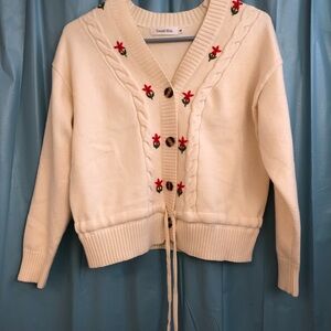 Cream Cardigan Sweater with Floral Accents